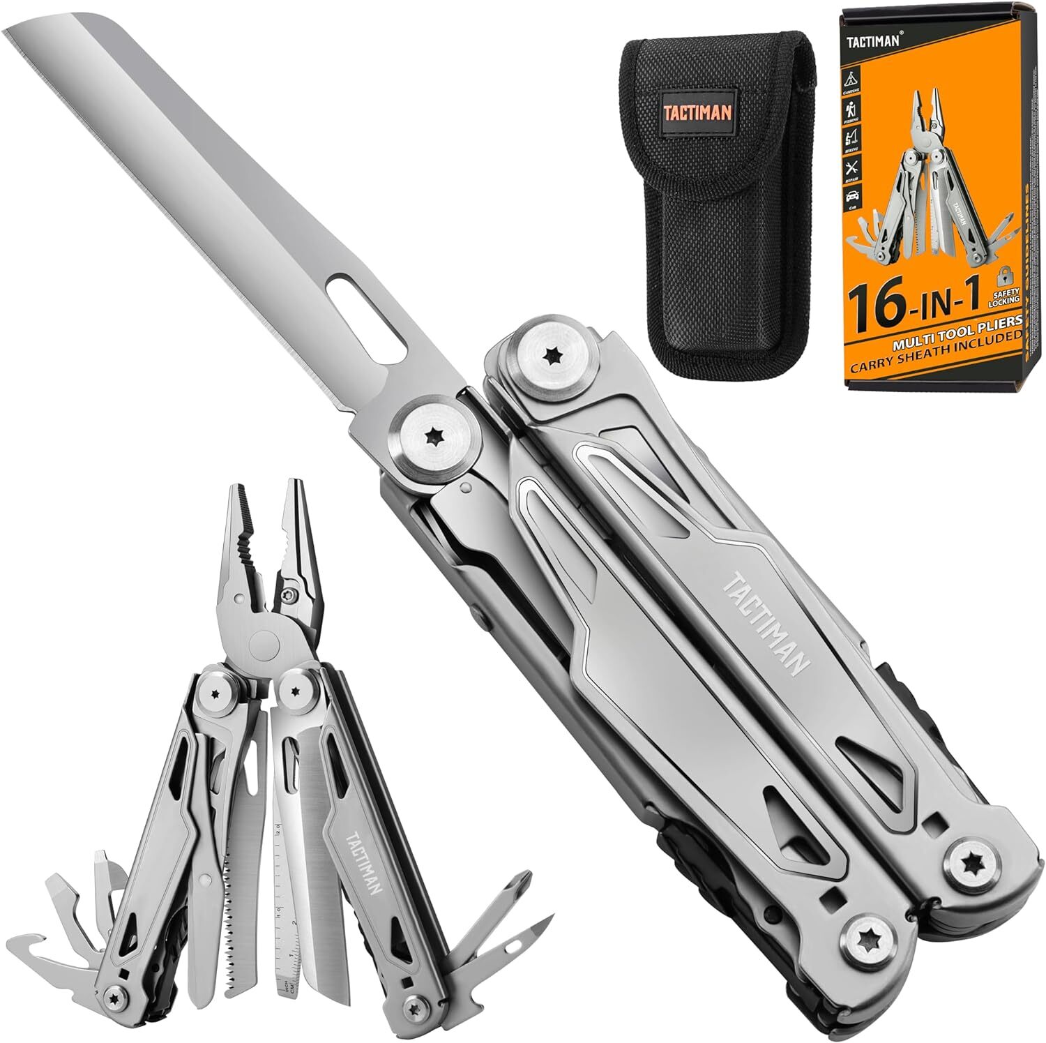 TACTIMAN 15-in-1 Multi Tool Pocket Knife, Tactical Multitool Knife Pliers,  Camping Survival Gear with Knife Saw Scissors Serrated Blade Bottle Can  Opener Screwdrivers Safety Lock, Unique Gifts for Men