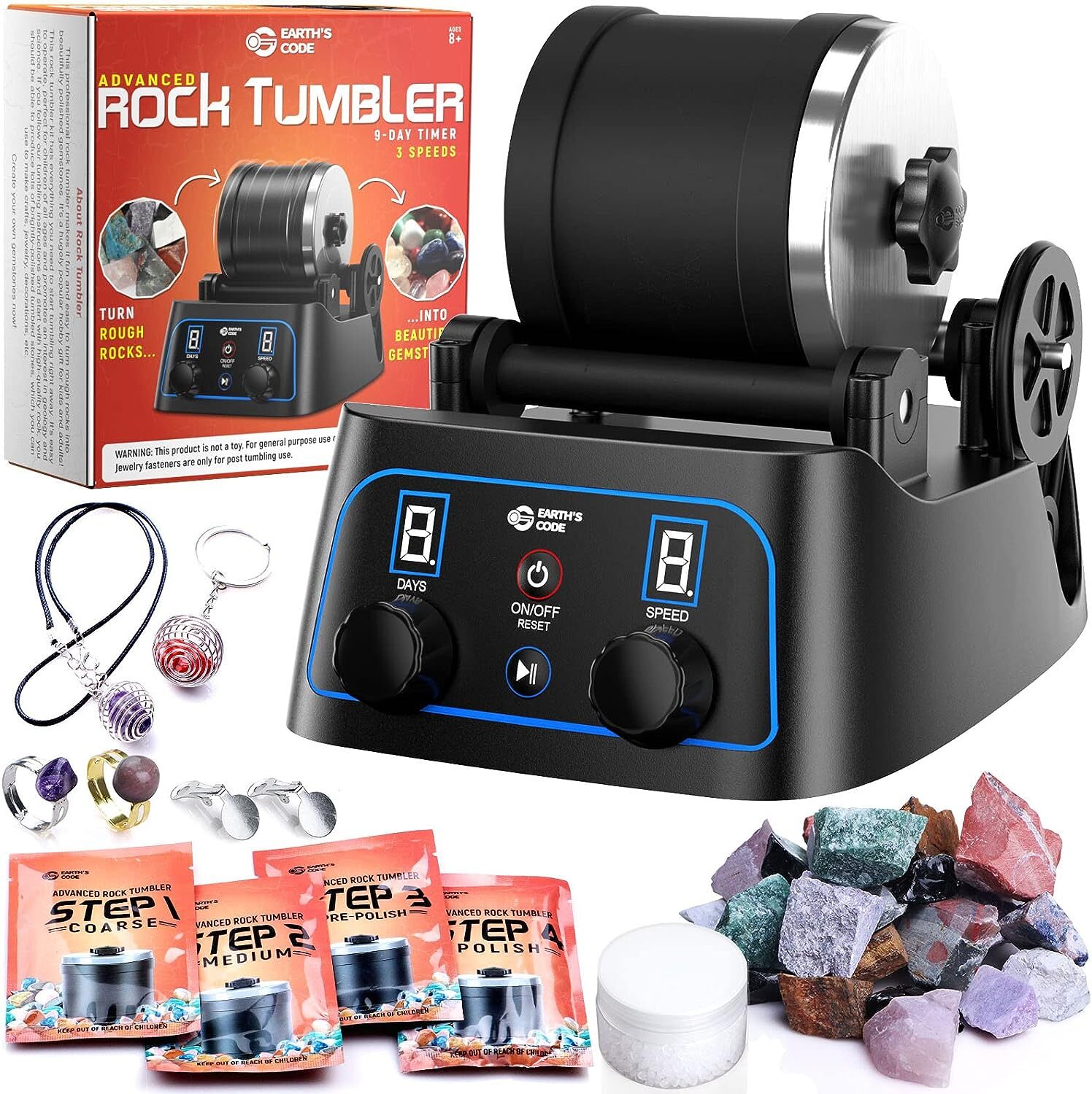  Rock Tumbler Kit, Professional Tumbling Stone Polisher with  Button 7 Day Polishing Timer, Rock Polisher with Rough Gemstones, 4  Polishing Grits, Jewelry Fastenings, Geology Hobby Toy for Kids Adults :  Toys