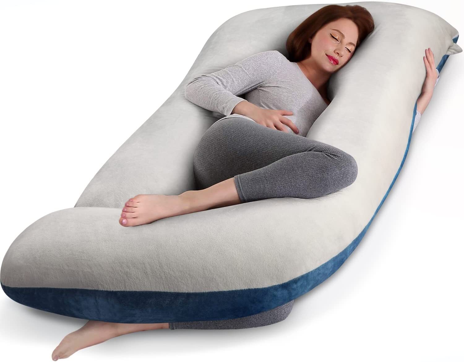 AngQi Pregnancy Pillows, U Shaped Pregnancy Body Pillow for Sleeping, 55  inch Maternity Pillow for Pregnant Women with Cooling Jersey Cover, Grey